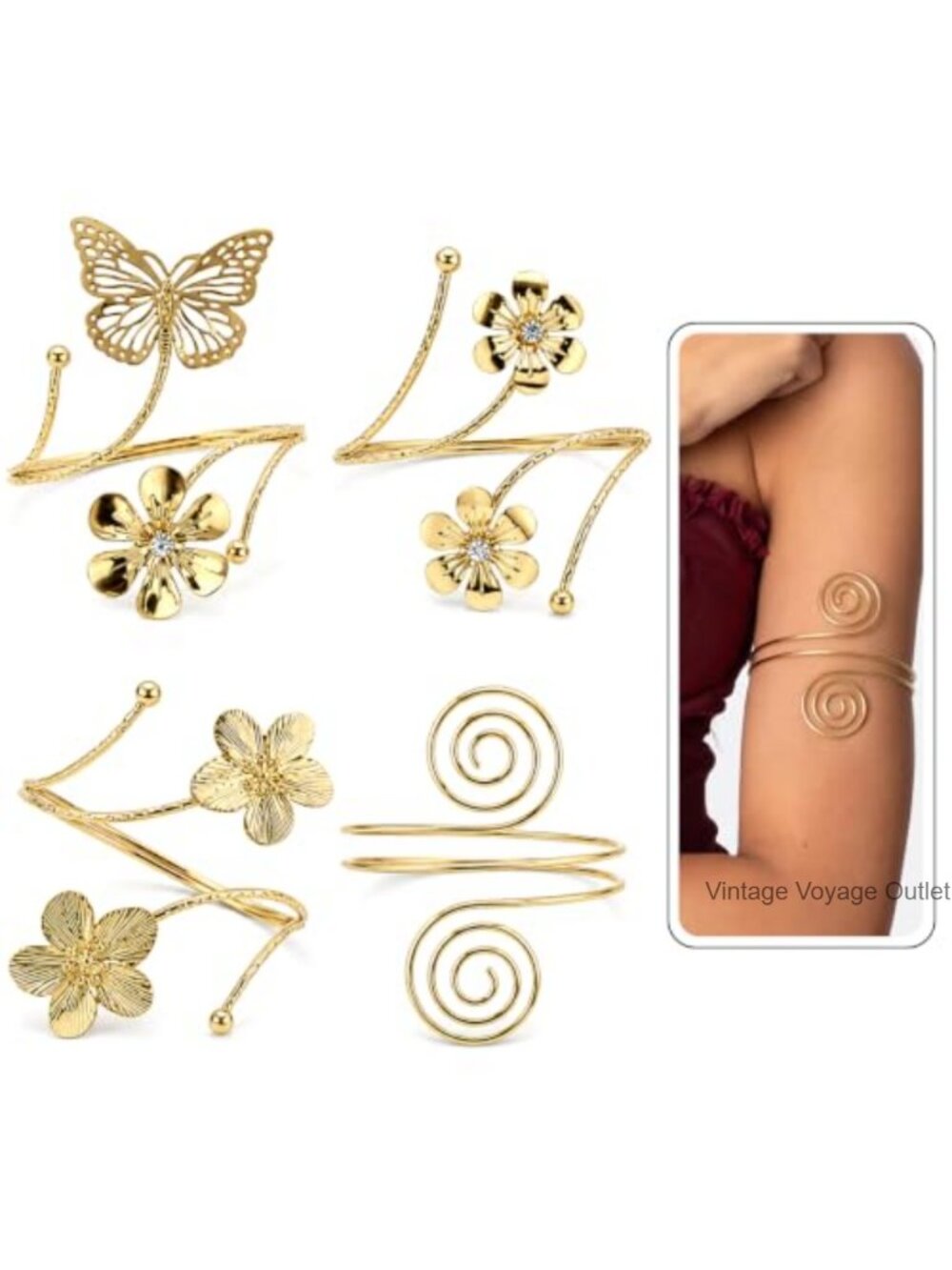 Gold Arm Cuff Set 4PCS Adjustable Upper Arm Bracelets Flower Boho